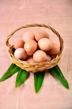 Eggs in a basket on a wooden floor