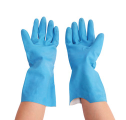 gloves for cleaning with hand on white background