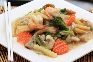 Chinese style stir fried yellow noodles with in gravy sauce
