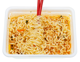 eating of instant ramen from lunch box