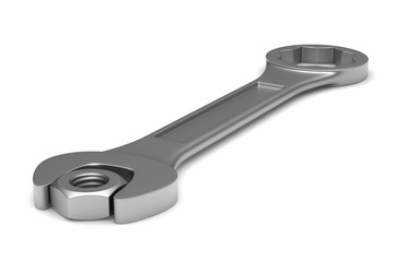 Spanner and nut on white background. Isolated 3D image