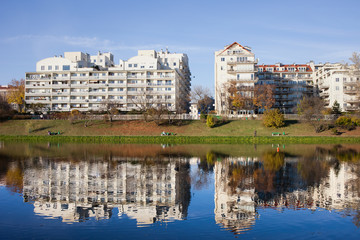 Fototapeta na wymiar Lakeside Modern Apartment Buildings in Warsaw