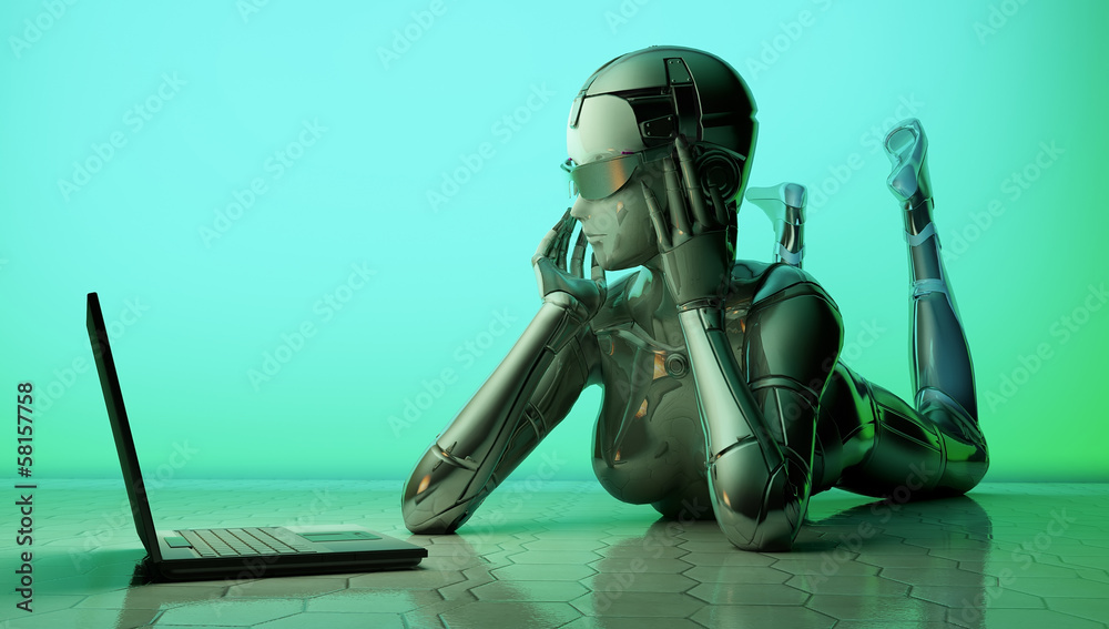 Poster the robot with a laptop