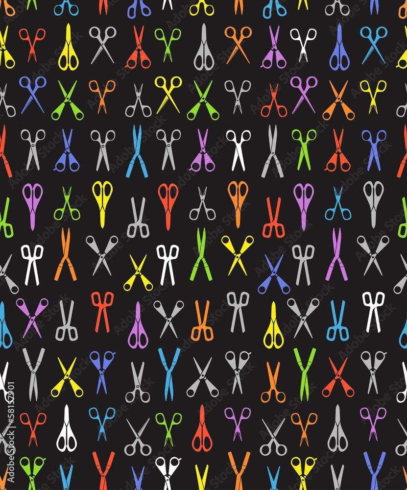 Poster Different type of color scissors. Seamless pattern