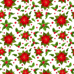 Christmas seamless background with poinsettia and holly.