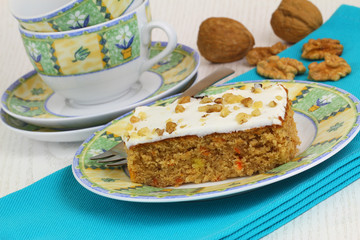 Carrot and walnut cake with marzipan icing, close up