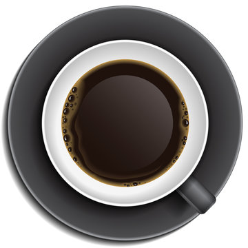Black cup with coffee on saucer