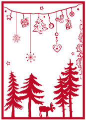 Hintergrund mit Tannen, Elch und Weihnachts Deko.