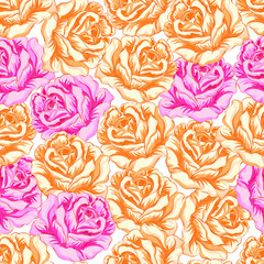 Seamless pattern with orange and pink roses.