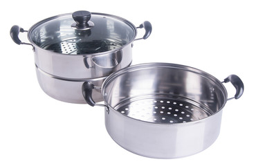 Stainless steel pot on background.
