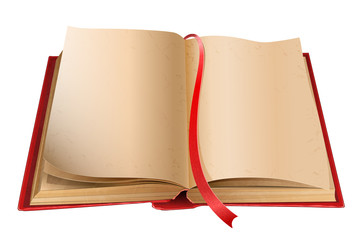 Old open book with blank pages isolated on white background