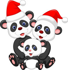 Cute panda family wearing red hat