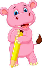 Cute hippo cartoon holding yellow pencil