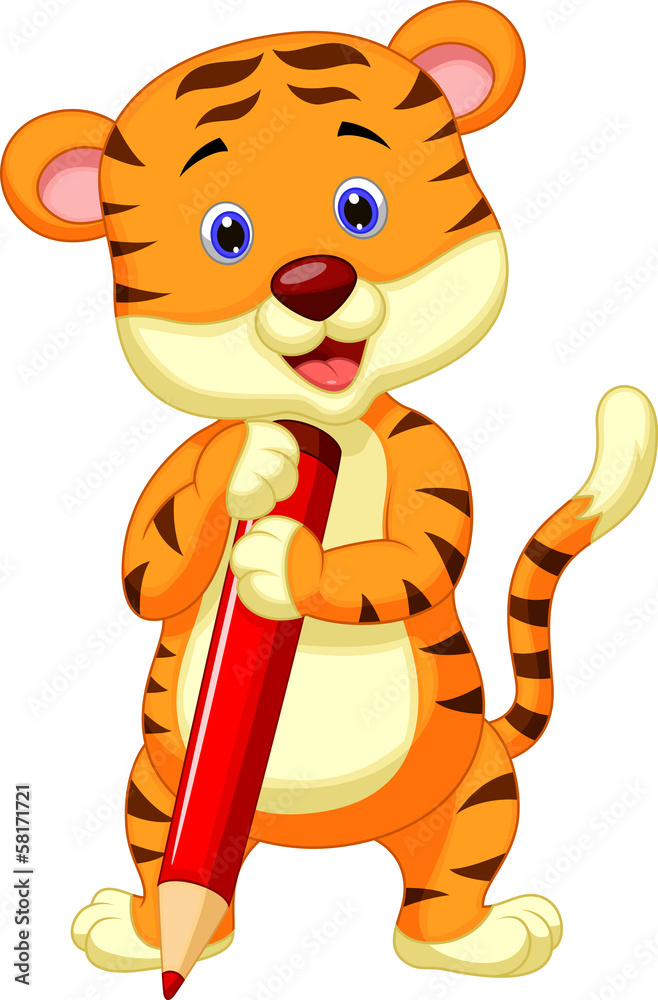 Sticker cute tiger cartoon holding red pencil