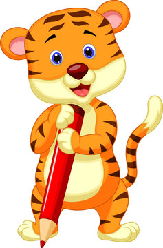 Cute tiger cartoon holding red pencil