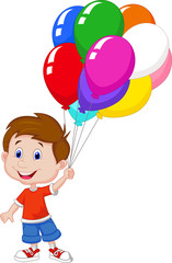 Fototapeta na wymiar Cartoon boy with bunch of colorful balloons in his hand