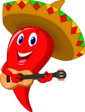 Chili Pepper Mariachi Wearing Sombrero Playing A Guitar