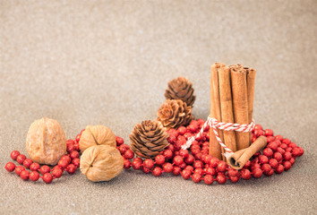 Christmas decoration with cinnamon and walnuts