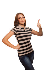 Obraz premium portrait happy woman young girl shows positive sign thumbs yes,