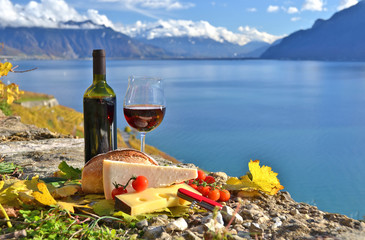 Red wine, chees, bread and cherry tomatos. Lavaux, Switzerland
