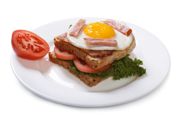 sandwich with a fried egg and tomato for breakfast isolated