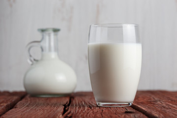 Glass of milk standing on old wooden table