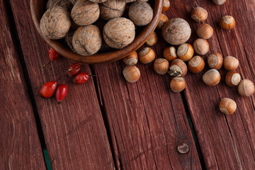 Walnuts and hazelnuts on rustic dark wood background