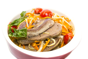 Braised lamb tongues with pasta and vegetables