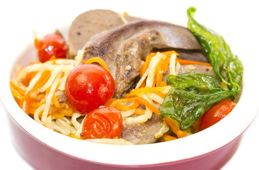 Braised lamb tongues with pasta and vegetables