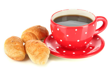 Tasty croissants and cup of coffee isolated on white