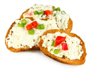 Sandwiches with cottage cheese and greens isolated on white