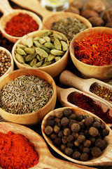 Many different spices and fragrant herbs close-up background