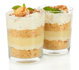 Delicious dessert with banana and caramel isolated on white