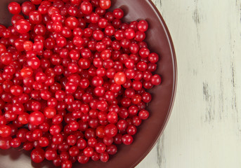 Red berries of viburnum in bowl on wooden background