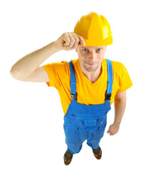 Portrait of young builder isolated on white