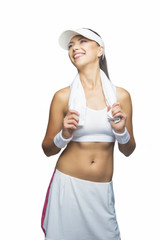 Portrait of Happy Tanned Caucasian Sportswoman in Professional T