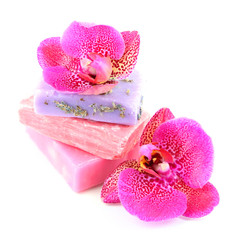 Fototapeta na wymiar Soap and orchid isolated on white