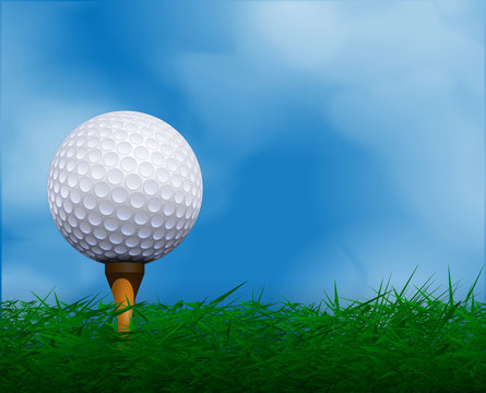 Golf ball in front of sky. Golf background.