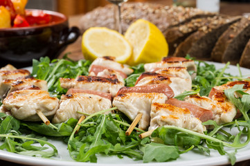 grilled chicken on bamboo skewers
