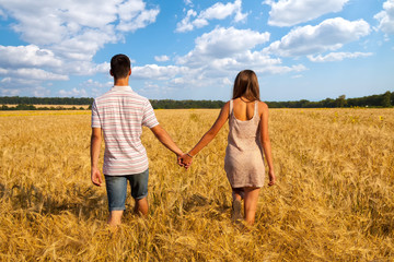 Young couple walking through  wheat field
