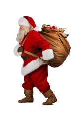 Santa Claus on the run to delivery christmas gifts isolated on w