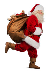 Santa Claus on the run to delivery christmas gifts isolated on w