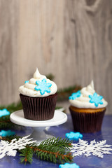 Christmas theme. Cupcake with snowflake