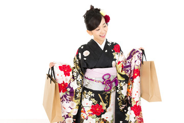 Beautiful asian kimono woman on white background