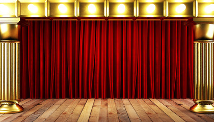 red fabrick curtain with gold on stage