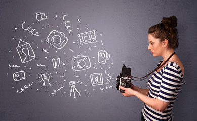 Photographer girl shooting photography icons