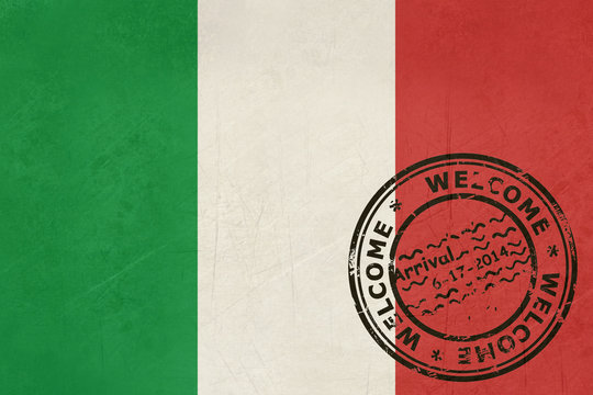 Welcome To Italy Flag With Passport Stamp