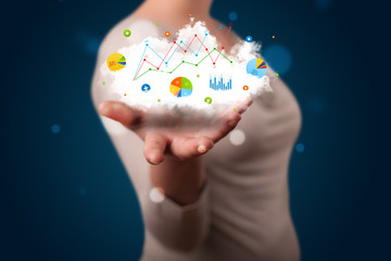 Young woman presenting cloud with charts and graph icons and sym