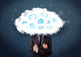 Man in suit with cloud head and blue icons