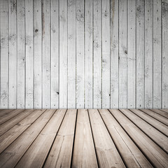 Empty wooden interior with white wall and brown floor